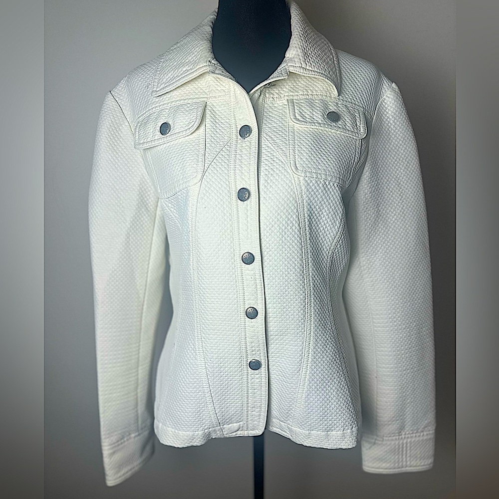MULTIPLES Women’s White Denim Point Collar 3/4 Sleeve Button Down Jacket Size M